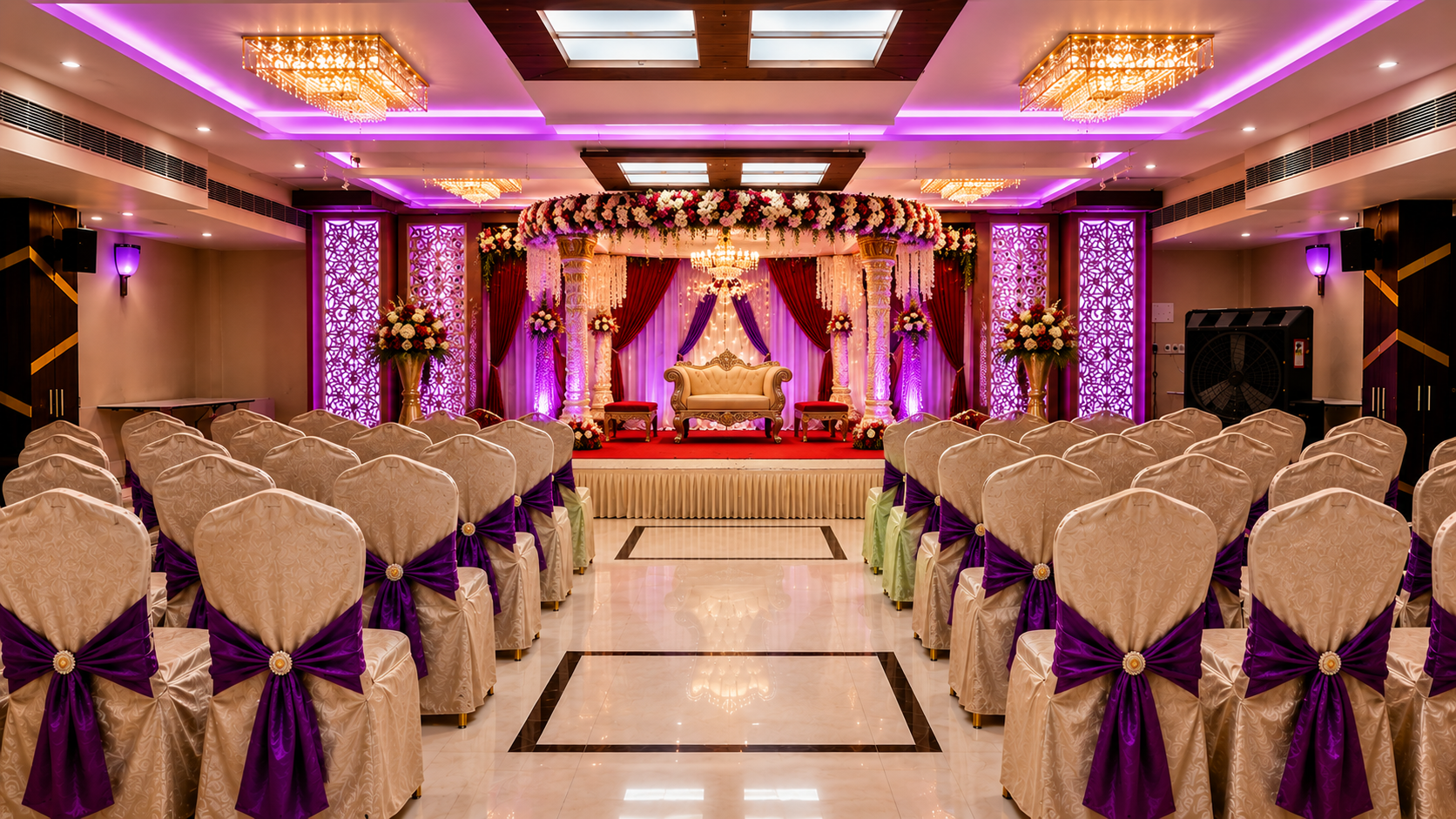 Banquet Hall Overview with Golden Round Tables